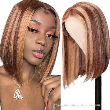 Wholesale Highlight 13x4 Short Bob Lace Wig #4/30 Brown Mixed Color Straight Raw Indian Hair Hd Lace Frontal Human Hair Bob Wigs